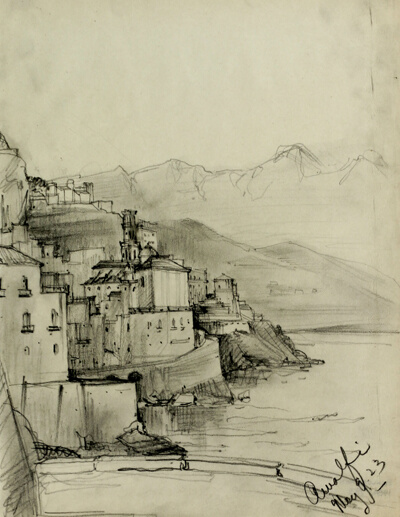 View Along the Coast, Amalfi, Italy, Travel Sketch