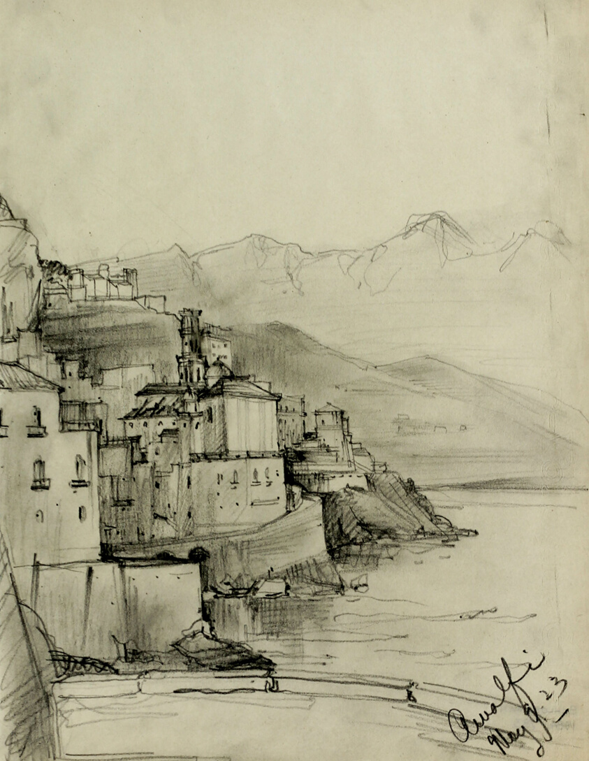 View Along the Coast, Amalfi, Italy, Travel Sketch