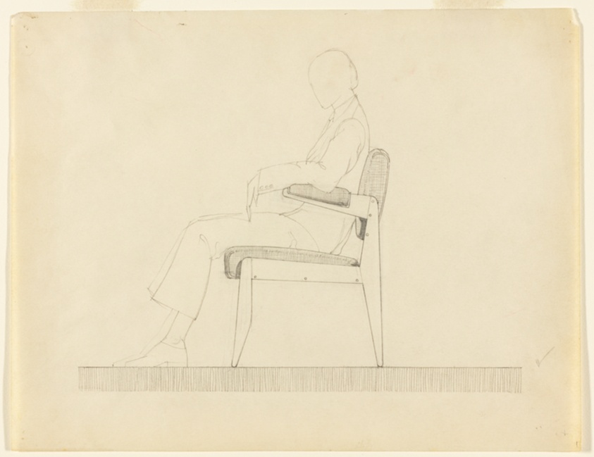 Chair Designs, Upholstered Wooden Side Chair with Seated Male Figure, Side Elevation