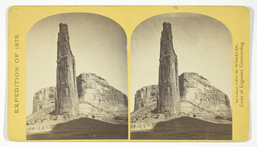 Explorers Column, Cañon de Chelle, Arizona. This shaft is the work of nature, and is about 900 feet in height; base about 70 by 110 feet. It stands near the center of the Cañon, and it is almost impossible to believe that it is not the work of human hands, No. 23 from the series "Geographical Explorations and Surveys West of the 100th Meridian"