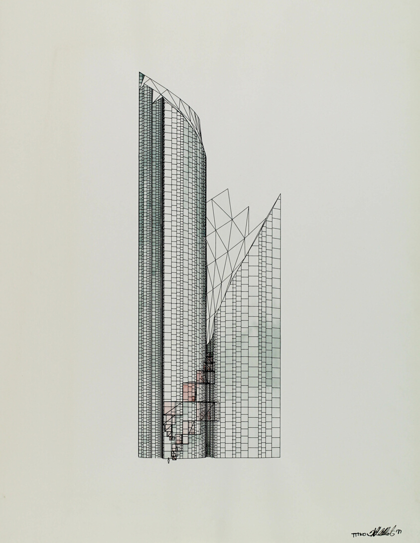 Chicago Tribune Tower II Late Entry, A Field Theory Butterfly Tower in the Chrysanthemum Field, Elevation Study