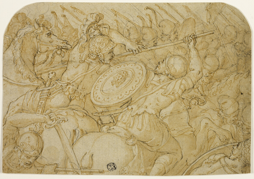 Cavalry Skirmish (recto); Architectural Sketch (verso)