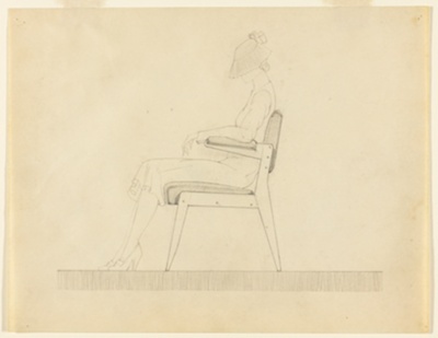 Chair Designs, Upholstered Wooden Side Chair with Seated Female Figure, Side Elevation