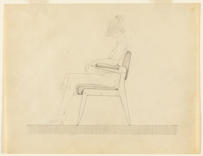 Chair Designs, Upholstered Wooden Side Chair with Seated Female Figure, Side Elevation