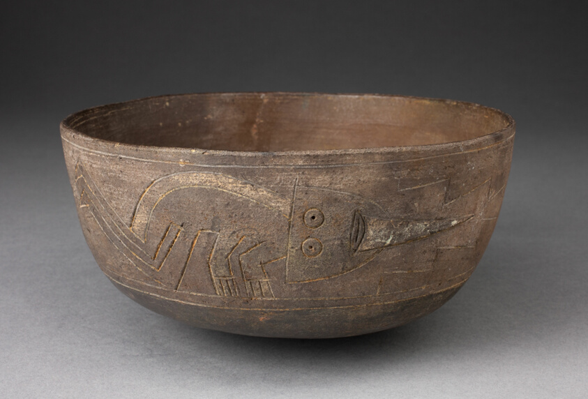 Bowl Depicting Incised and Painted Abstract Crouching Figure