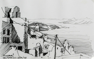 View of Old City and Harbor, Santorini, Greece, Travel Sketch