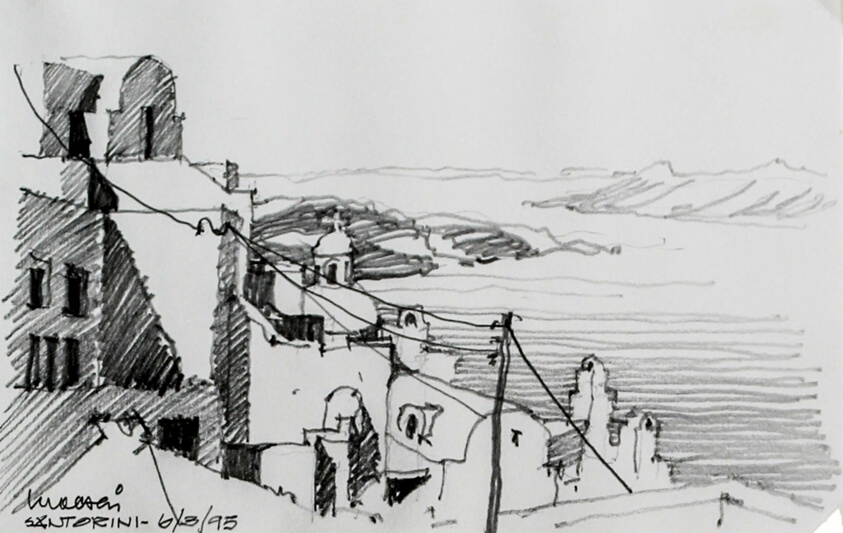 View of Old City and Harbor, Santorini, Greece, Travel Sketch