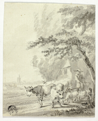 Man Herding Cows and Sheep