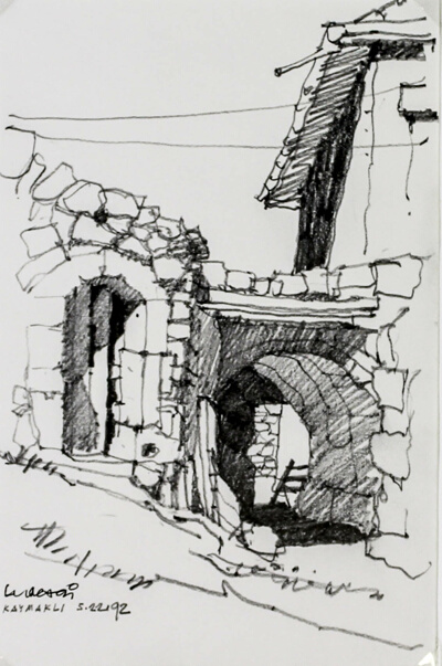 View of Stone Houses and Arched Passageway, Kaymakli, Turkey, Travel Sketch