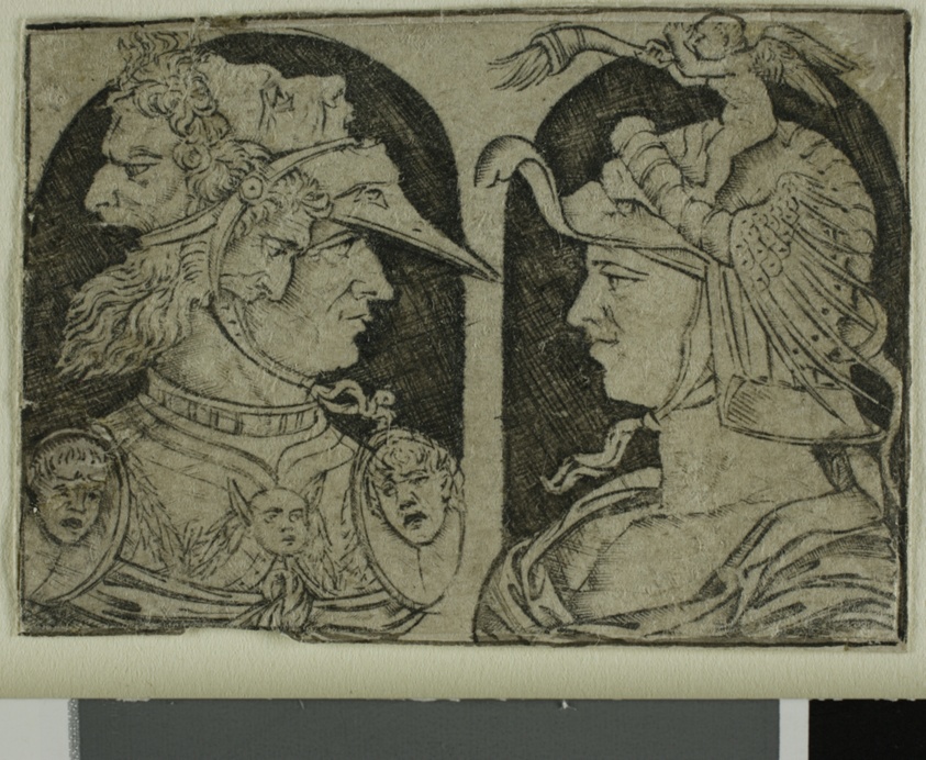 Two Warriors, One with a Winged Genie on His Helmet