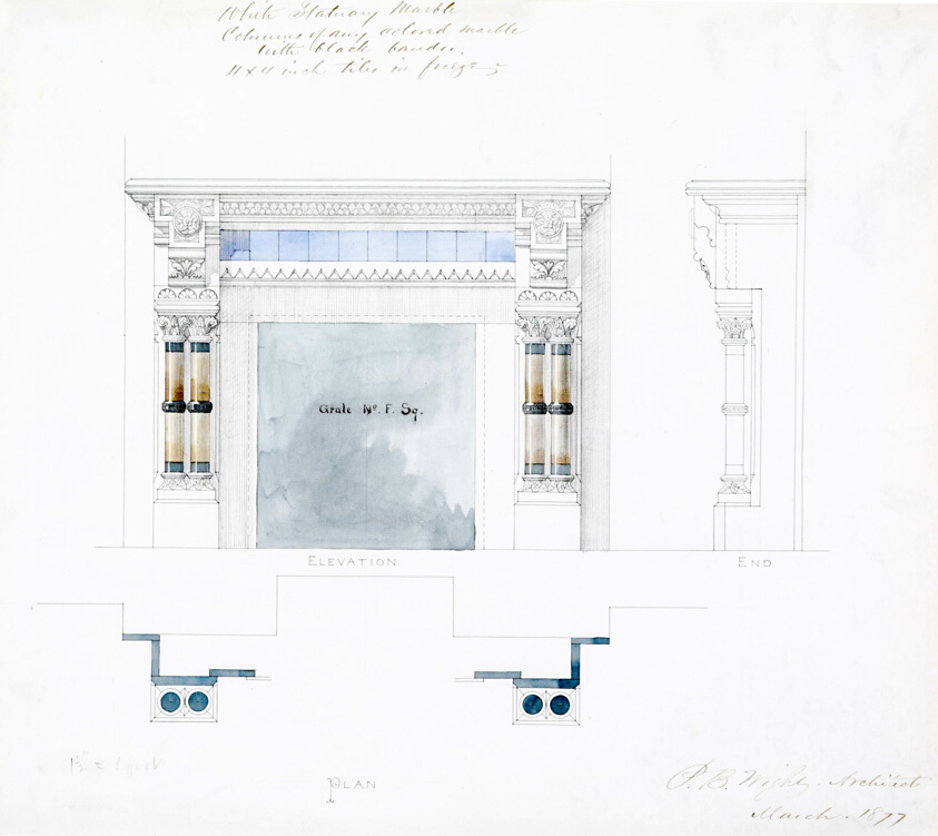 White Statuary Marble Mantel Design, Elevations and Plan