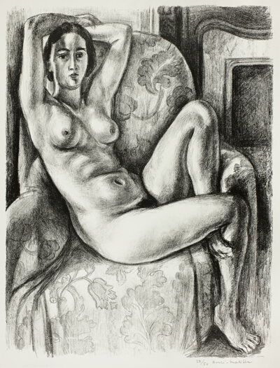 Nude with Blue Cushion Beside a Fireplace