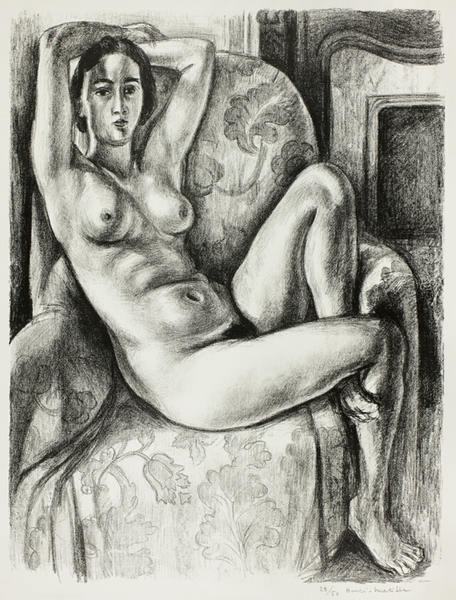 Nude with Blue Cushion Beside a Fireplace