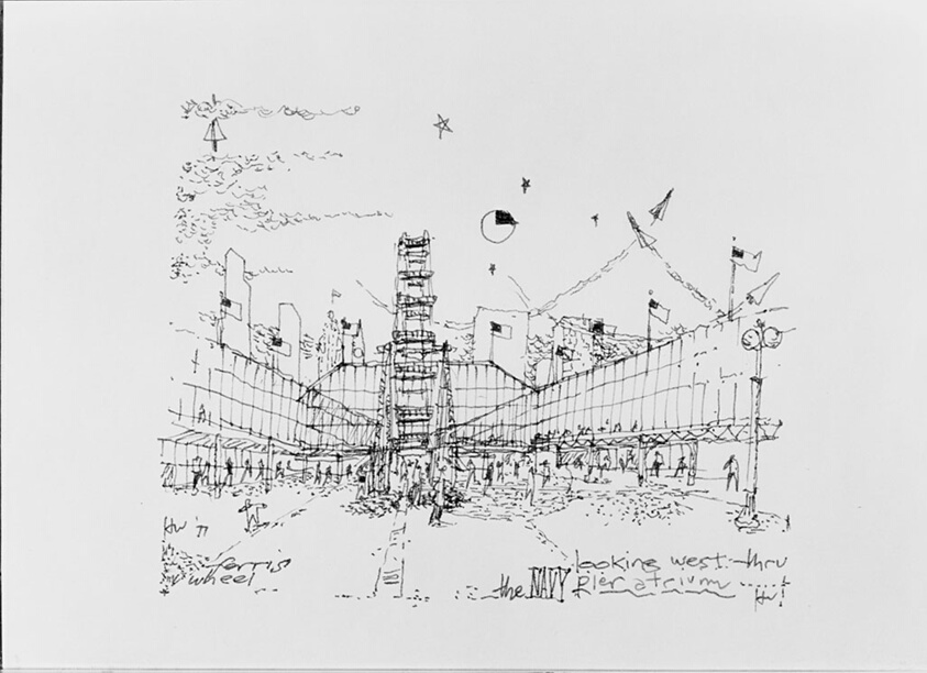1992 World's Fair, Chicago, Illinois: Pespective Rendering of Ferris Wheel, Looking West through Navy Pier Atrium