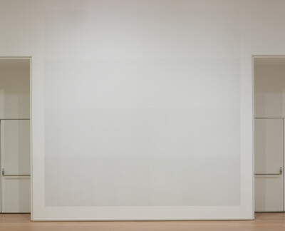 Wall Drawing #63: A wall is divided into four horizontal parts. In the top row are four equal vertical divisions, each with lines in a different direction. In the second row, six double combinations; in the third row, four triple combinations; in the bottom row, all four combinations superimposed