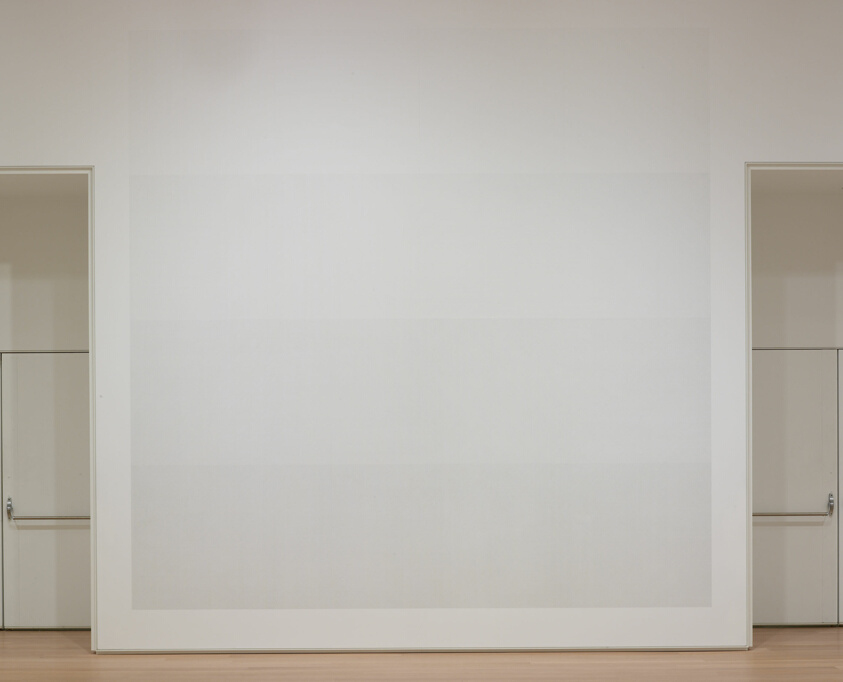 Wall Drawing #63: A wall is divided into four horizontal parts. In the top row are four equal vertical divisions, each with lines in a different direction. In the second row, six double combinations; in the third row, four triple combinations; in the bottom row, all four combinations superimposed