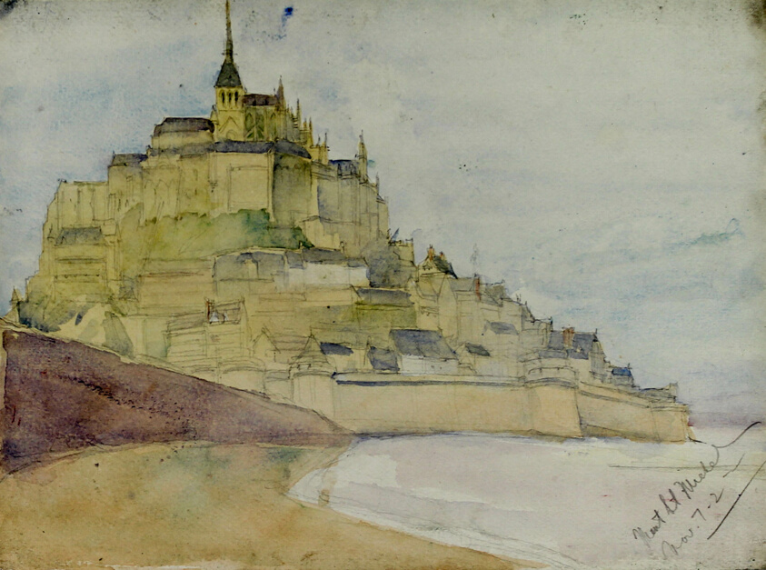 Mont St. Michel, View of Town and Abbey, Normandie, France, Travel Sketch