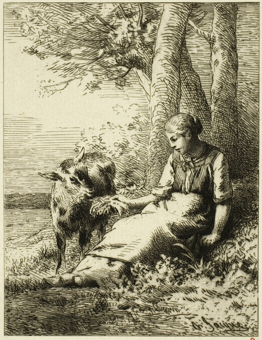 Shepherd with Flock of Sheep at Edge of Wood