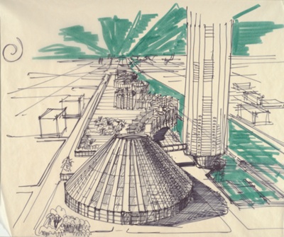 River City IA, Chicago, Illinois, Perspective Sketch Looking South