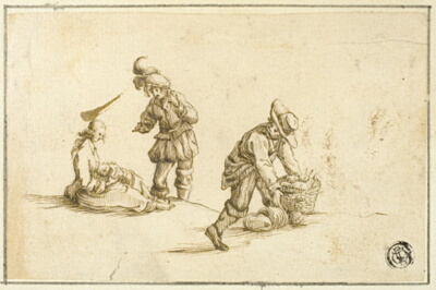 Resting Mother and Child, and Two Men, One Lifting Basket