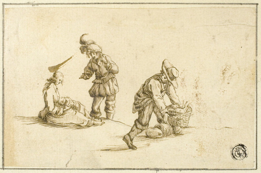 Resting Mother and Child, and Two Men, One Lifting Basket