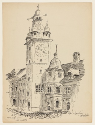 Clocktower on a Street, Lucerne, Switzerland, Travel Sketch