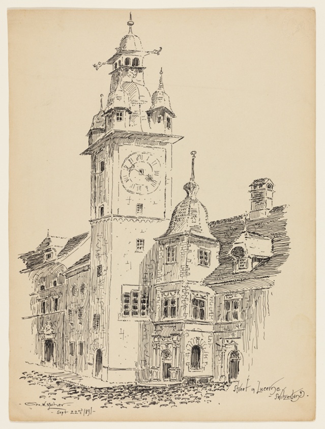 Clocktower on a Street, Lucerne, Switzerland, Travel Sketch