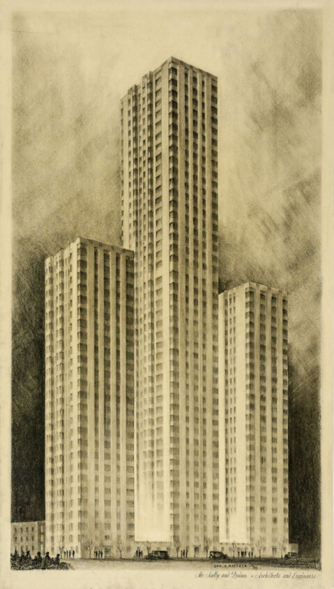 Apartment Project, 44-Story Tower Flanked by Two 26-Story Towers, Chicago, Illinois, Perspective Rendering