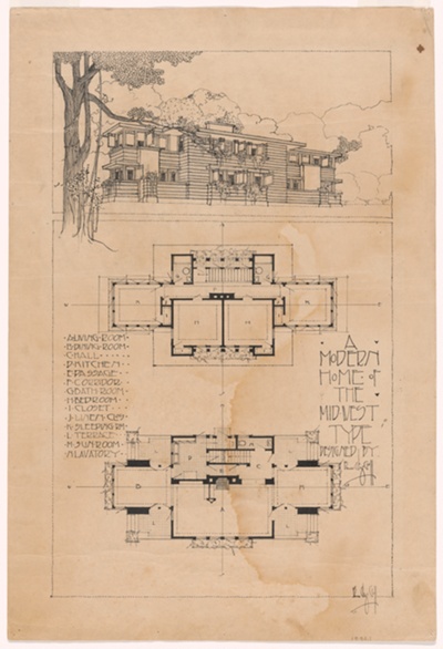 "A Modern Home of the Midwest Type," Perspective and Plans