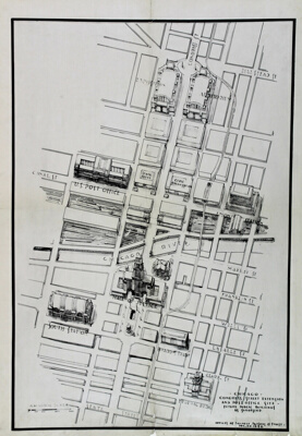 Congress Street Extension and Post Office Site Proposal, Chicago, Illinois, Bird's Eye View Presentation Drawing