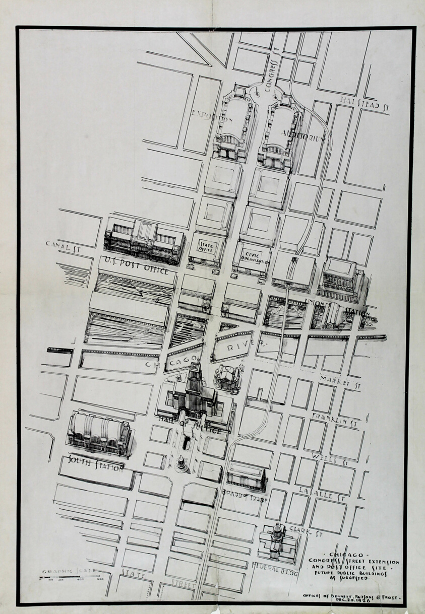 Congress Street Extension and Post Office Site Proposal, Chicago, Illinois, Bird's Eye View Presentation Drawing