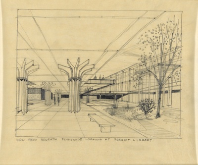 University of Illinois, Chicago Circle Campus, Early Campus Planning Perspective, View from Beneath the Promenade Looking at the Forum and Library