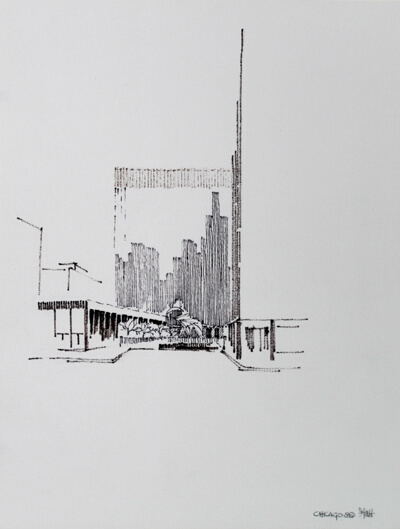 View of the Chicago Federal Center Plaza, Chicago, Illinois, Travel Sketch