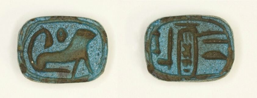 Plaque: The Good God, Lord of the Two Lands, Menkheperure (Thutmose IV)/lion with round sign