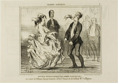 New Entertainment at the Parisian Evening Parties. The spirit of Mr. Hume shaving the beard of Monsieur de St. Potard and undoing the hair of Madame Coffignon, plate 8 from Ces Bons Parisiens