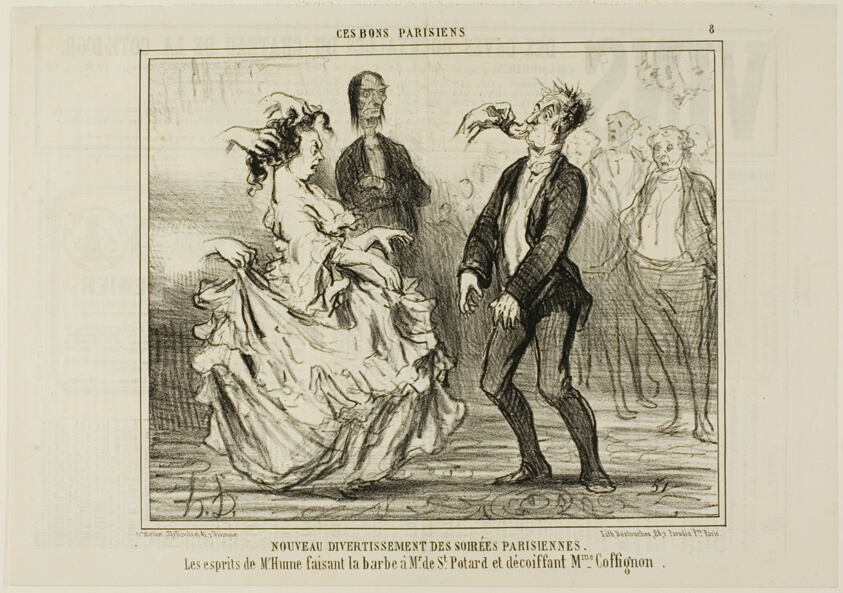New Entertainment at the Parisian Evening Parties. The spirit of Mr. Hume shaving the beard of Monsieur de St. Potard and undoing the hair of Madame Coffignon, plate 8 from Ces Bons Parisiens
