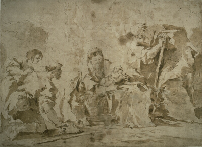 Adoration of the Shepherds (recto); Three Sketches: Buildings by Canal with Boats, Landscape with Buldings on Hillside, Buildings with Portico (verso)