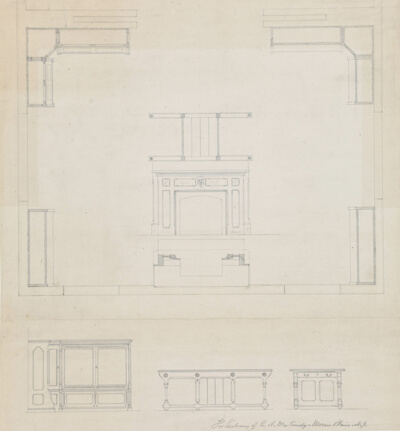 Library for R.A. McCurdy, Morris Plaines, New Jersey, Elevations of Mantel and Furniture