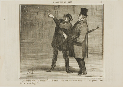 "- Can you see the comet?... just there, at the tip of my finger ... don't lose sight of my finger tip!," plate 5 from La Comète De 1857