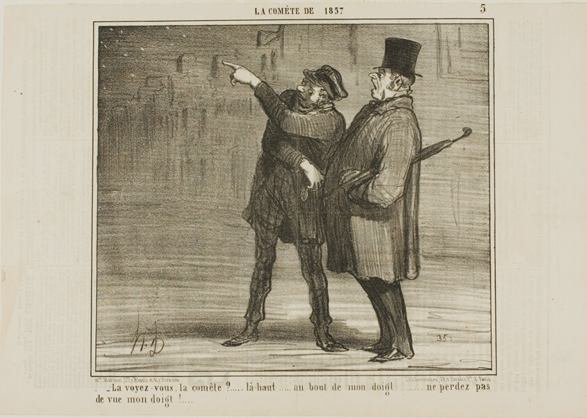 "- Can you see the comet?... just there, at the tip of my finger ... don't lose sight of my finger tip!," plate 5 from La Comète De 1857