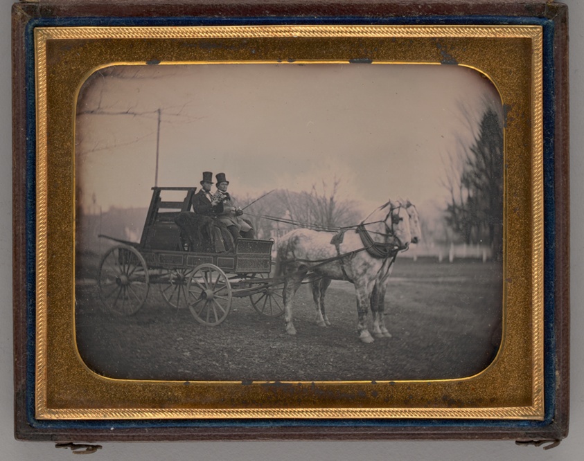 Untitled (Two Men with Top Hats atop a Horse-Drawn Carriage)