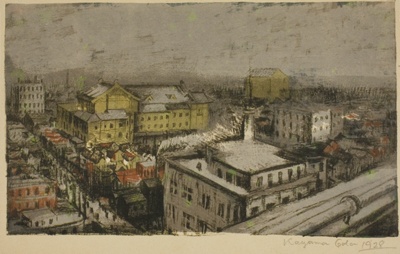 View of Kabuki Theater from Matsuya (Ginza Matsuya yori Kabukiza), no. 3 from the series "Pictures of Ginza, First Series (Gashu Ginza dai isshu)"