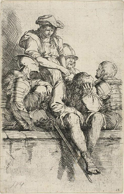Four warriors and a standing youth, who points down at one of them, from Figurine series