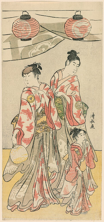 The Actors Yamashita Mangiku, Iwai Hanshiro IV, and Iwai Kumesaburo from a pentaptych of eleven actors celebrating the festival of the shrine of the Soga brothers