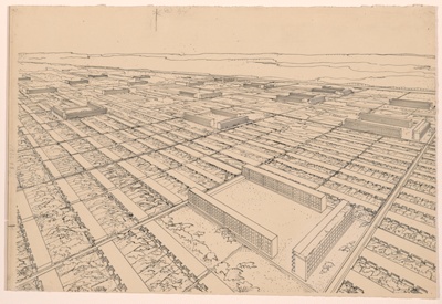 Mischbebauung Mixed Height Housing Development, Row Houses and High-Rise Apartment Buildings, Aerial Perspective