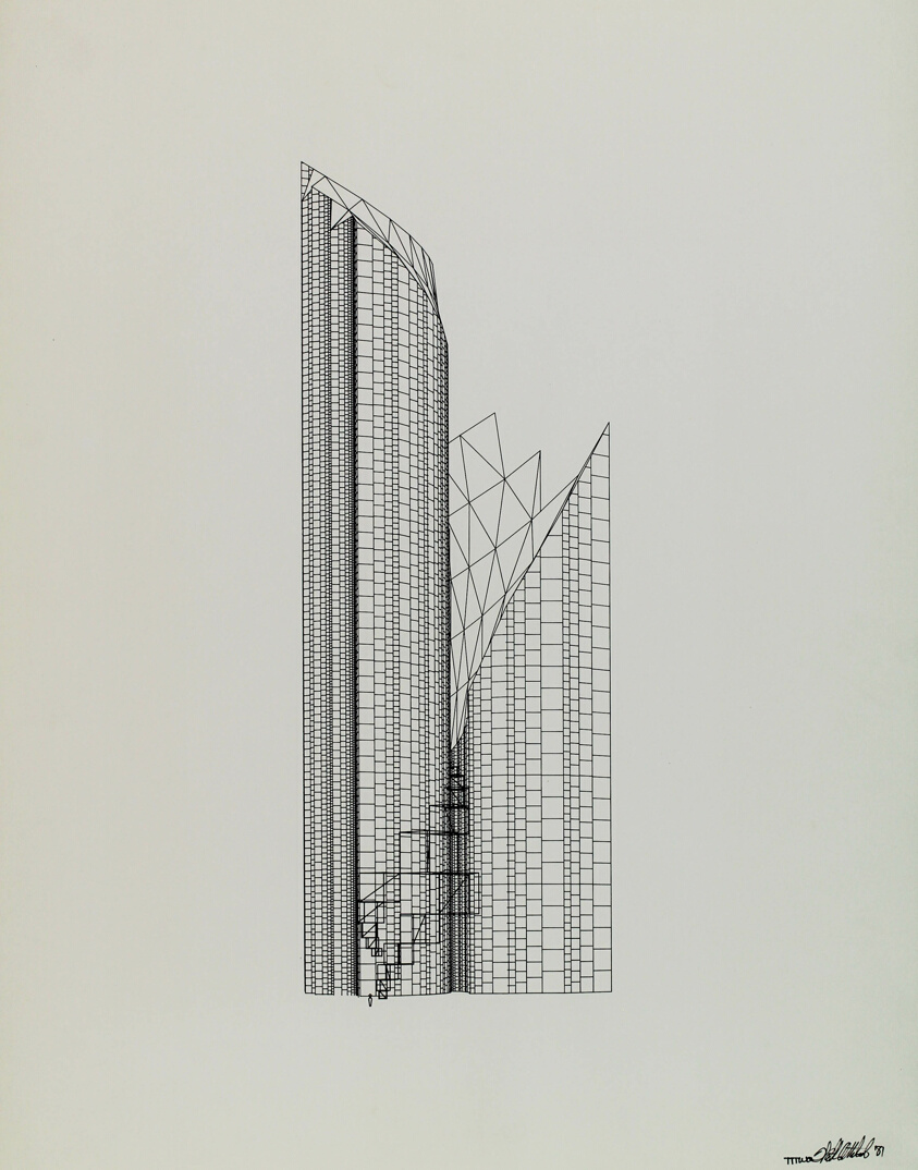 Chicago Tribune Tower II - Late Entry. "Tribune Tower Two." A Field Theory Butterfly Tower in the Chrysanthemum Field:  Elevation Study