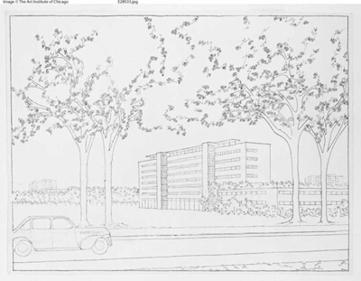 View from Street with Automobile, Presentation Drawing and Sketch
