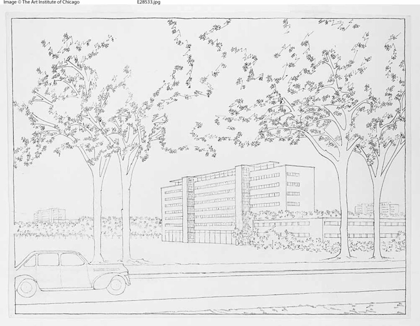 View from Street with Automobile, Presentation Drawing and Sketch