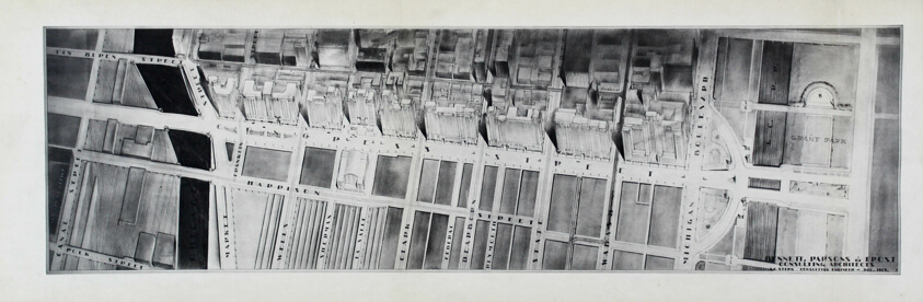 Congress Street, Proposed Development between the Lake and the River, Chicago, Illinois, Bird's Eye View Presentation Drawing