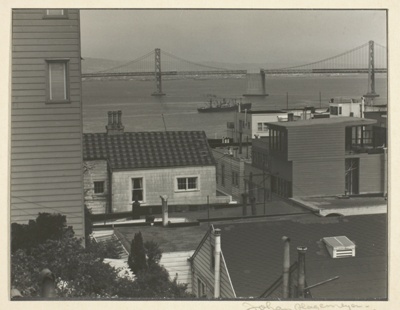 View of the Golden Gate Bridge, with Houses in Foreground
